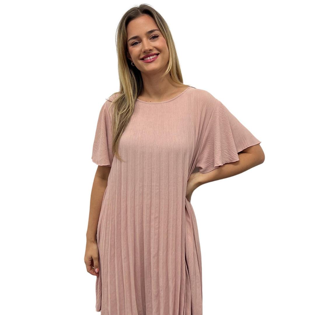 MIDI SUMMER DRESS UNIQUE HAND PINCH FRONT PLEATS 2 REAL POCKETS FLUTTEY SLEEVES